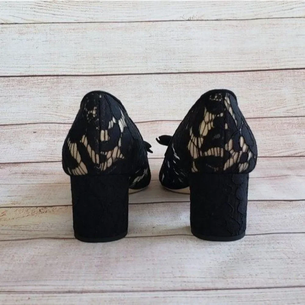 Kate Spade Lace Leather & Suede Pointy Toe Block Heel Shoes Black Size 8